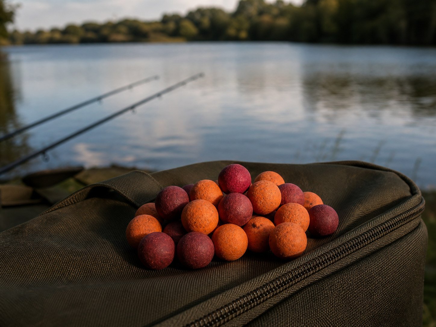 Duo-colour boilies on a fishing bag beside the rods at the water