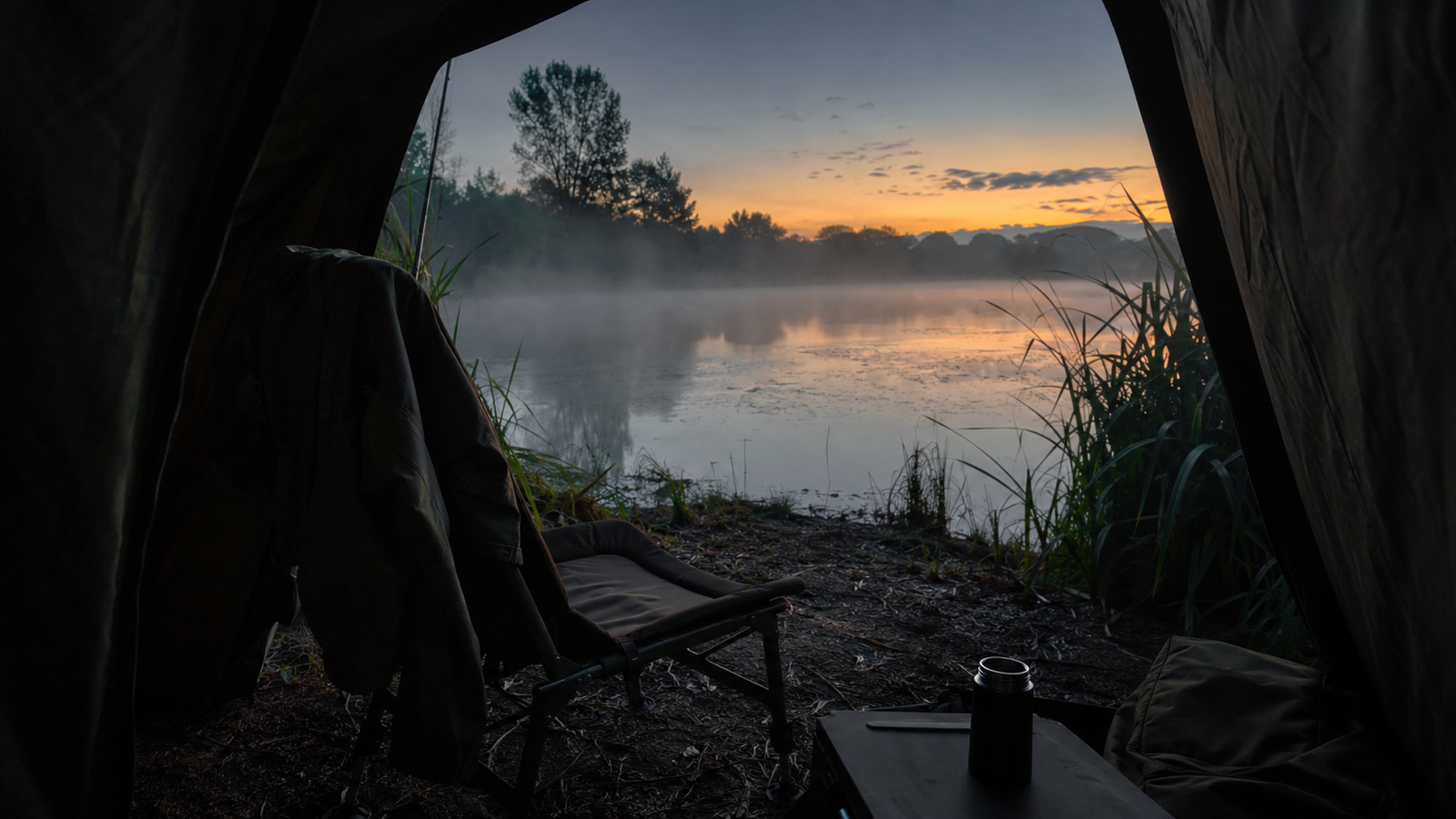 View from a carp bivvy over the water at sunrise