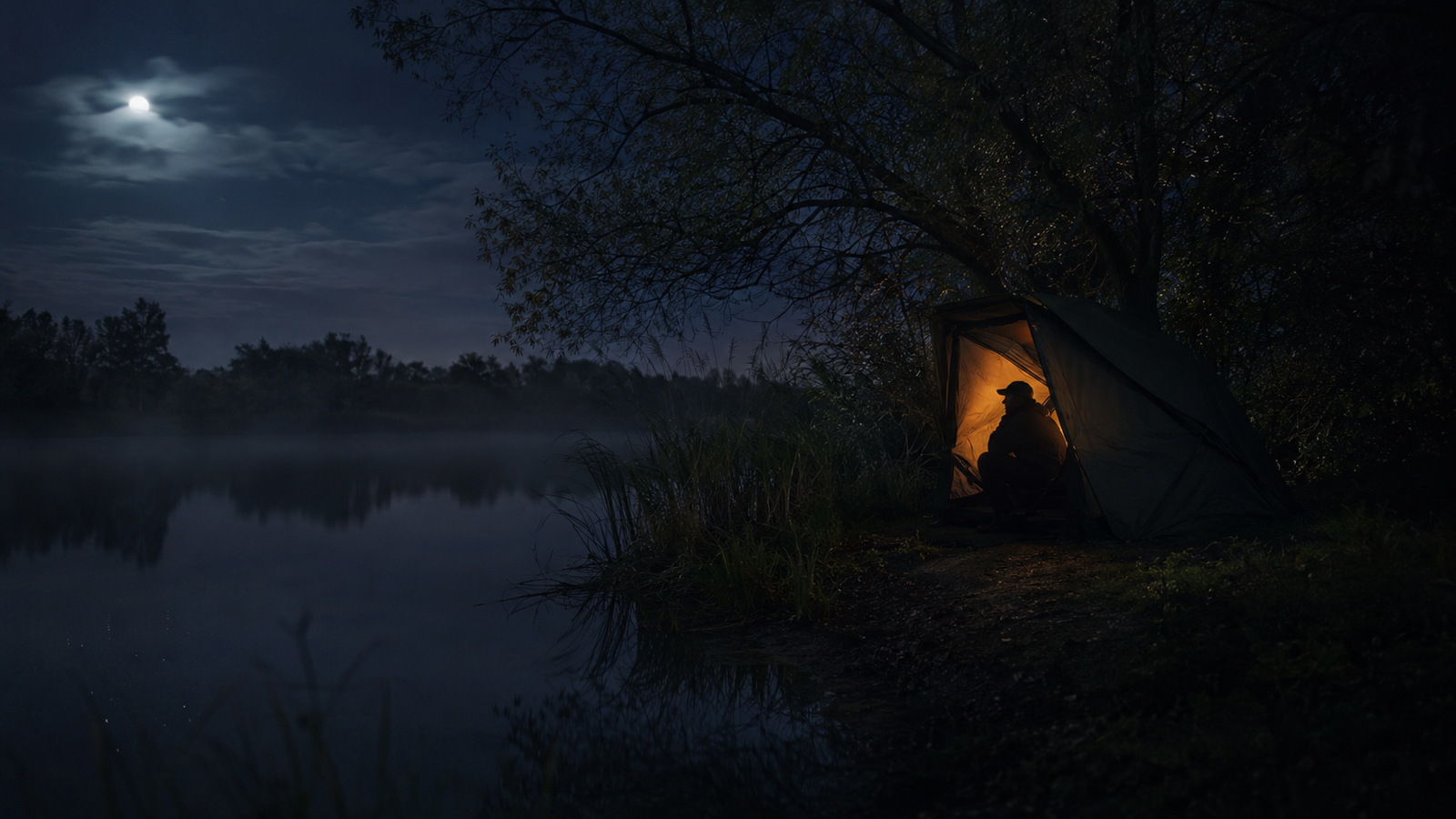 Carp bivvy by dark water in moonlight
