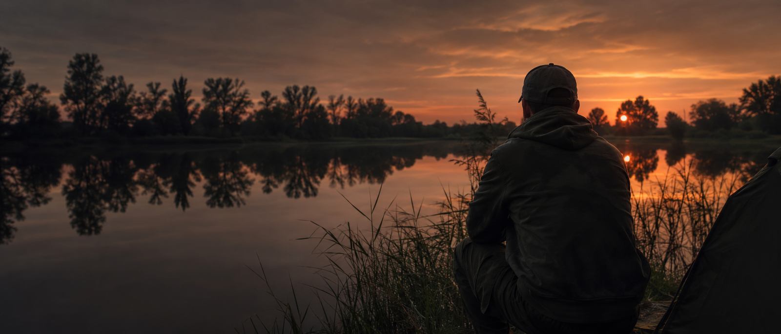 Carp angler by the water at sunset