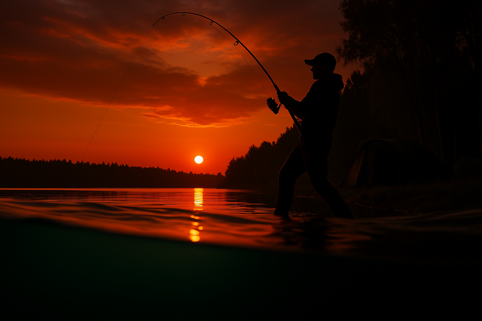 Carp angler by the water at sunset